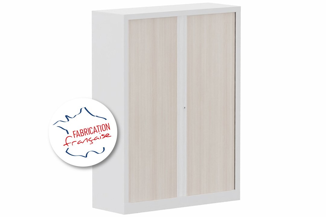 Armoire à rideaux H160xL120cm 3 tablettes, coffre blanc, rideaux acacia