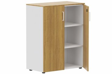 ARMOIRES PORTES BATTANTES - Mélaminés - Armoire mélamine H102XL100 cm portes bois, Finitions= Top de finition : noyer / Corps d'armoire et tablettes : blanc Façade : noyer