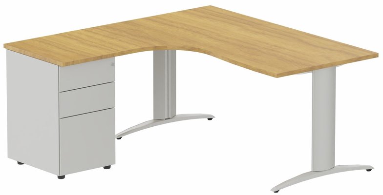 Gamme K2 - Plans compacts - K2 Compact 90° asymétrique 160x162x80/60cm retour à gauche avec caisson HB métal 3 tiroirs noyer /aluminium