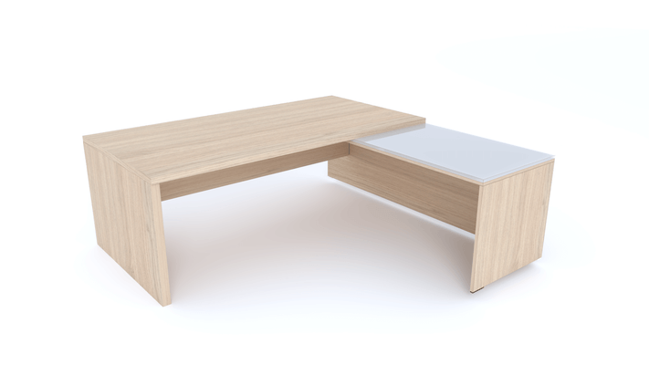 Gamme X5 - Tables de Bureau avec retour - X5- Plan Manager 200x100cm avec retour mur aligné top verre (encombrement 200x200cm)