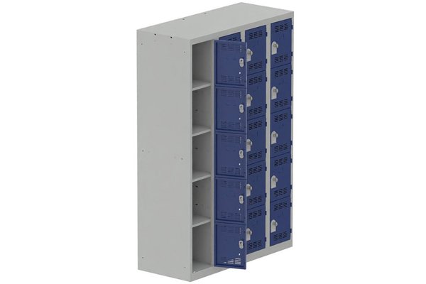 VESTIAIRES MULTICASES - 4 Colonnes - Vestiaire multicases, 4 colonnes L.120cm/20 cases, coffre gris clair/portes bleu foncé