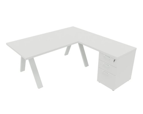 [Pas de famille] - [Pas de sous famille] - X3 Plan Manager 200*100cm + retour 100x60cm sur caisson hauteur de bureau 3 tiroirs (encombrement 180x190cm). Plateau, caisson Blanc et pietement Blanc.