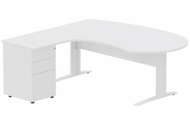Gamme K1 - Plans compacts - K1 VDF métal compact 90° manager 190x141x104x60cm sur caisson HB métal 3 tiroirs, plateau blanc, structure blanc
