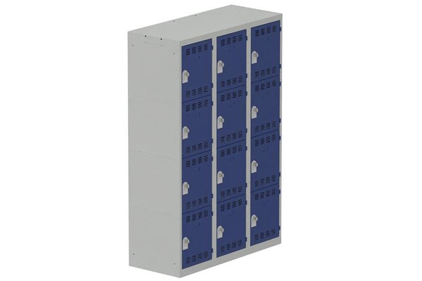 VESTIAIRES MULTICASES - 3 Colonnes - Vestiaire multicases, 3 colonnes L.120cm/12 cases, coffre gris clair/portes bleu foncé