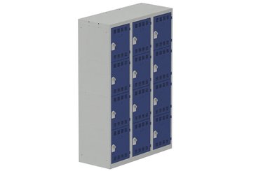 VESTIAIRES MULTICASES - 3 Colonnes - Vestiaire multicases, 3 colonnes L.120cm/12 cases, coffre gris clair/portes bleu foncé