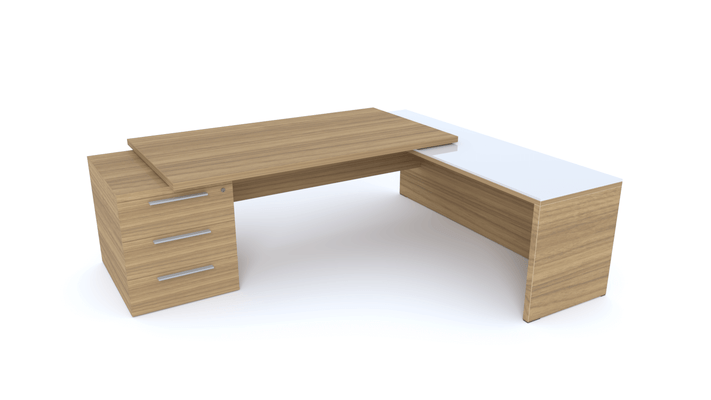 Gamme X5 - Tables de Bureau avec retour - X5 Ensemble de bureau 230x200cm : table 180x90cm avec retour mur et caisson débordant top verre 60x200cm /noyer poignées aluminium