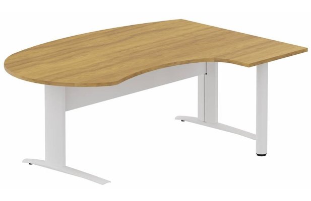 Gamme K1 - Plans compacts - K1 Voile de fond Métal - Plan compact 90° asymétrique Manager 190x141x104/60cm sur pied de soutien - retour à droite -Finitions : PLATEAUX: NOYER (NO) / PIETEMENTS: BLANC (BL)