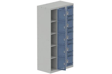 [Pas de famille] - [Pas de sous famille] - Vestiaire multicases 3 colonnes L,30cm 5 cases (fermeture cadenas) H,180xL,90xP,50cm coffre gris clair/portes bleu