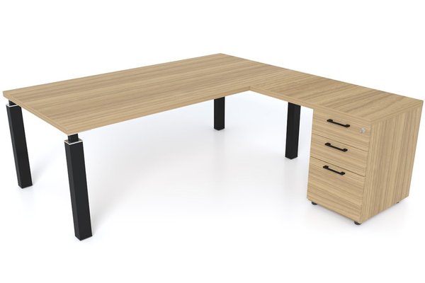 Gamme X4 - Tables de bureau avec retour - X4 Ensemble de bureau 200x100cm + retour 60x100cm sur caisson porteur bois 3 tiroirs /noyer