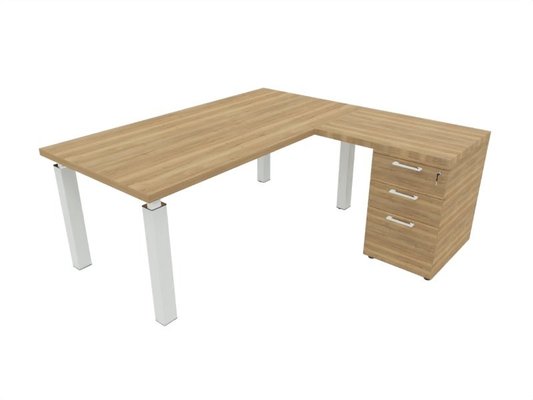 [Pas de famille] - [Pas de sous famille] - X4- Plan Manager 200x100cm + retour 100x60cm sur caisson hauteur de bureau 3 tiroirs (encombrement 200x200cm) Plateau : Chêne naturel / Caisson : Chêne naturel / Piètements : blanc