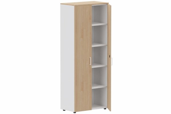 ARMOIRES PORTES BATTANTES - Mélaminés - Armoire mélamine H196xL100cm portes bois, Finitions= Top de finition : hêtre / Corps d'armoire et tablettes : blanc / Façade : hêtre