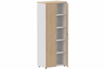 ARMOIRES PORTES BATTANTES - Mélaminés - Armoire mélamine H196xL100cm portes bois, Finitions= Top de finition : hêtre / Corps d'armoire et tablettes : blanc / Façade : hêtre