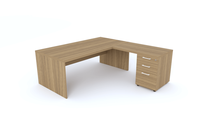 Gamme X5 - Tables de Bureau avec retour - X5 Ensemble de bureau 180x190cm : table 180x90cm + retour 60x100cm sur caisson porteur bois 3 tiroirs/ noyer ambré