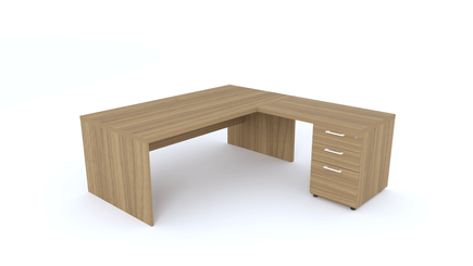 Gamme X5 - Tables de Bureau avec retour - X5 Ensemble de bureau 180x190cm : table 180x90cm + retour 60x100cm sur caisson porteur bois 3 tiroirs/ noyer ambré