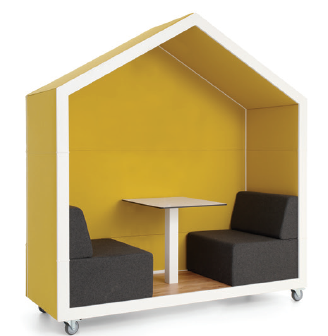 ALCOVE ACOUSTIQUE - Phones Boxes - COTTAGE DUO "avec fond" revêtu de tissu avec table plateau blanc épaisseur 18mm, banquettes intégrées, murs intérieurs et extérieurs en tissu, L.210xP.78xH.228cm, 4 roulettes dont 2 avec frein