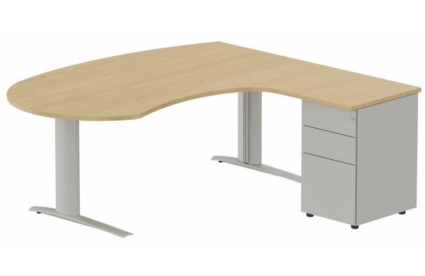 Gamme K1 - Plans compacts - K1 POUTRE compact 90° manager 190x141x104x60cm sur caisson HB métal 3 tiroirs, plateau chêne, structure aluminium