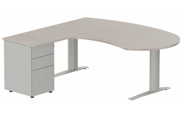 Gamme K1 - Plans compacts - K1 POUTRE compact 90° manager 190x141x104x60cm sur caisson HB métal 3 tiroirs, plateau acacia, structure aluminium
