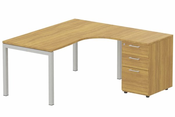Gamme K3 - Plans compacts - K3 Compact 90° asymétrique 180x162x80/60cm retour à droite avec caisson HB bois 3 tiroirs, plateau noyer, structure aluminium