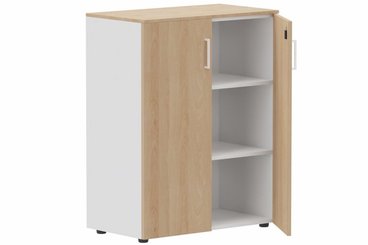 ARMOIRES PORTES BATTANTES - Mélaminés - Armoire mélamine H102XL100 cm portes bois, Finitions= Top de finition : hêtre / Corps d'armoire et tablettes : blanc / Façade : hêtre