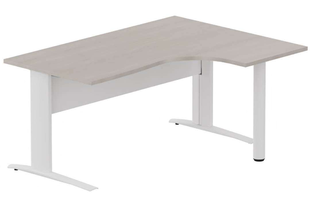 K1 VDF METAL Compact 90° asymétrique 160x120x80/60cm retour à droite sur pied de soutien, plateau acacia, structure blanc