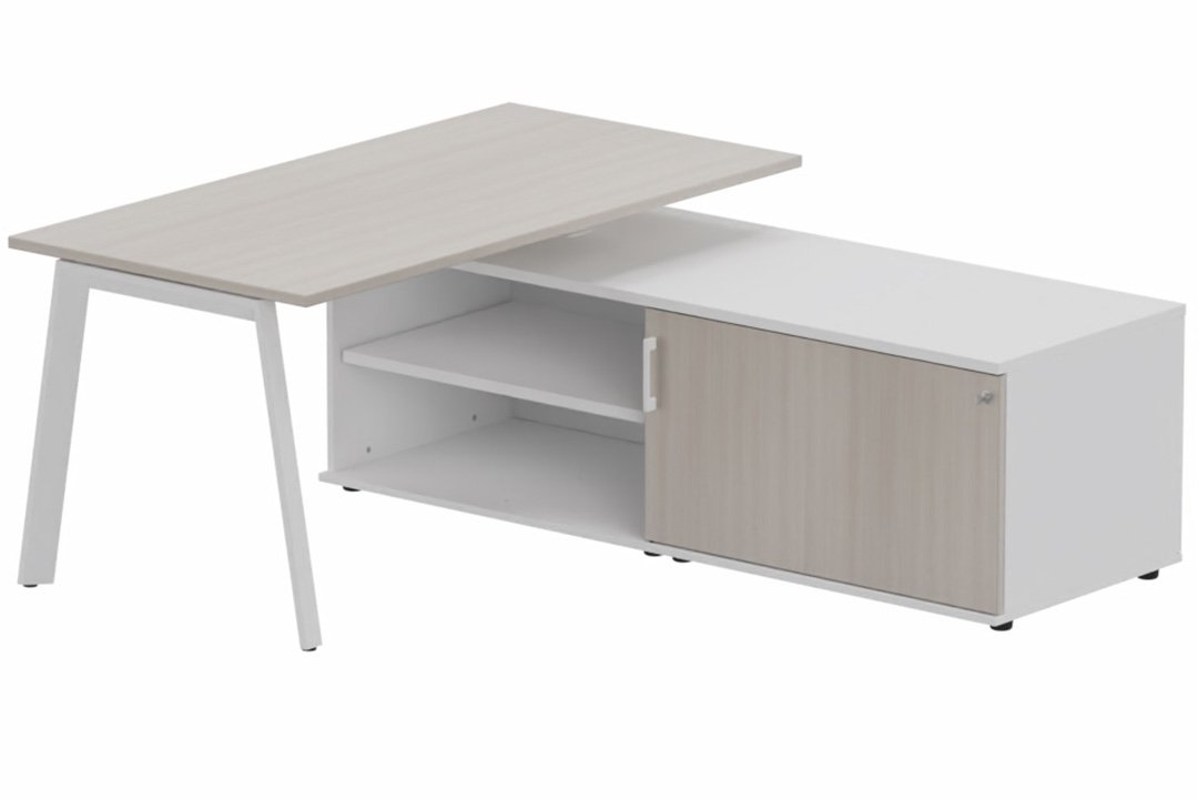 K8 Plan 200x100 avec meuble porteur (L180xP64) sans caisson - meuble à droite - Finitions = Plateau et top de finition : Acacia /Piétement :Blanc (BL) / Corps du meuble : Blanc /Façade : Acacia