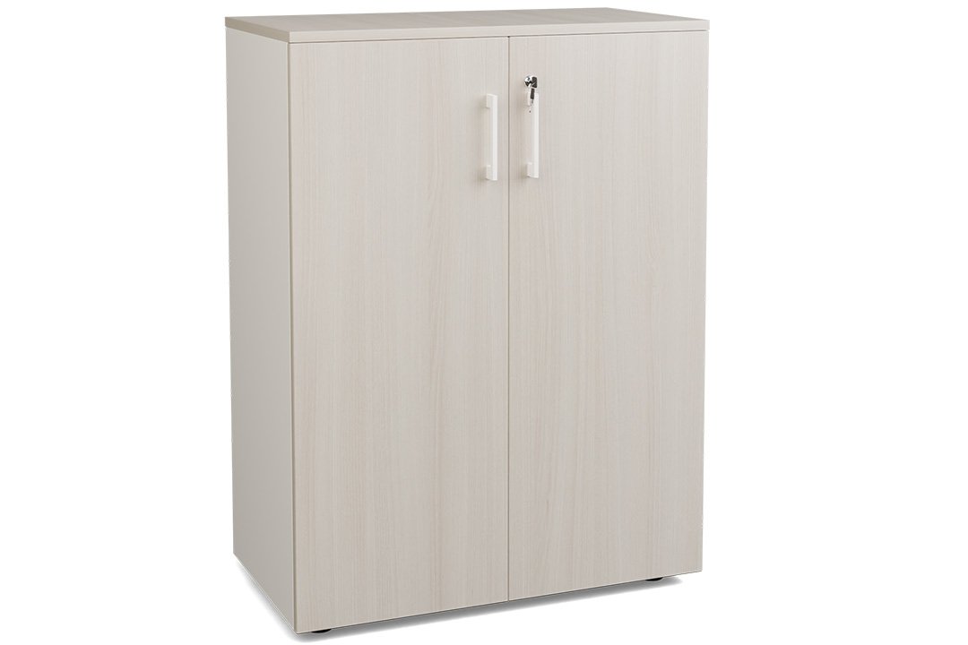 Armoire mélamine H102xL120cm portes bois, Top de finition : Acacia / Corps d'armoire et tablettes : Blanc (BL)/ Façade : Acacia
