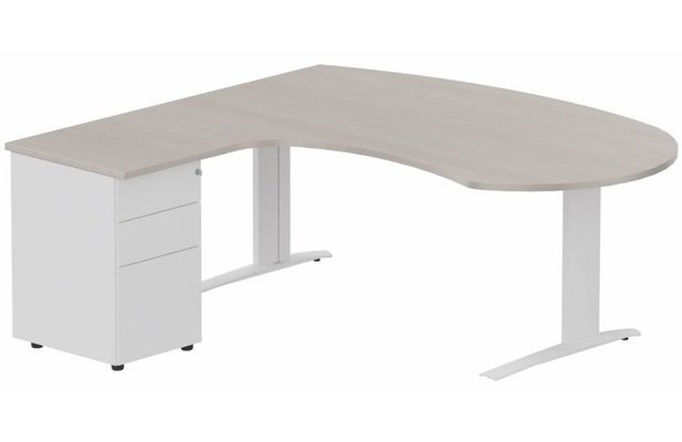 Gamme K1 - Plans compacts - K1 POUTRE compact 90° manager 190x141x104x60cm sur caisson HB métal 3 tiroirs, plateau acacia, structure blanc