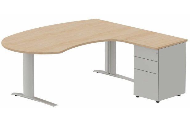 Gamme K1 - Plans compacts - K1 POUTRE compact 90° manager 190x141x104x60cm sur caisson HB métal 3 tiroirs, plateau hêtre, structure aluminium