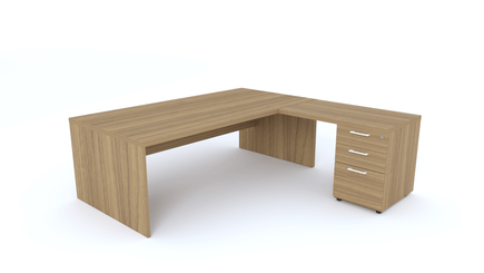 Gamme X5 - Tables de Bureau avec retour - X5- Plan Manager 200x100cm avec retour 100x60cm sur caisson hauteur bureau 3 tiroirs (encombrement 200x200cm) -Finitions = Plateau :noyer / Caisson : noyer / Piètements : noyer