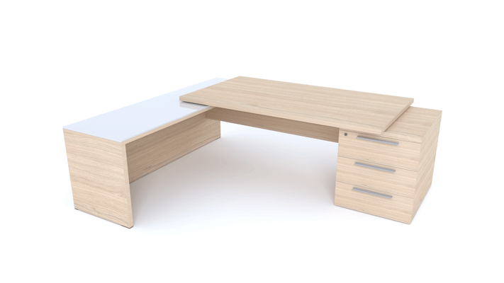 Gamme X5 - Tables de Bureau avec retour - X5- Plan Manager 180x90cm sur caisson XXL 3 tiroirs avec retour mur débordant top verre (encombrement 236x200cm)