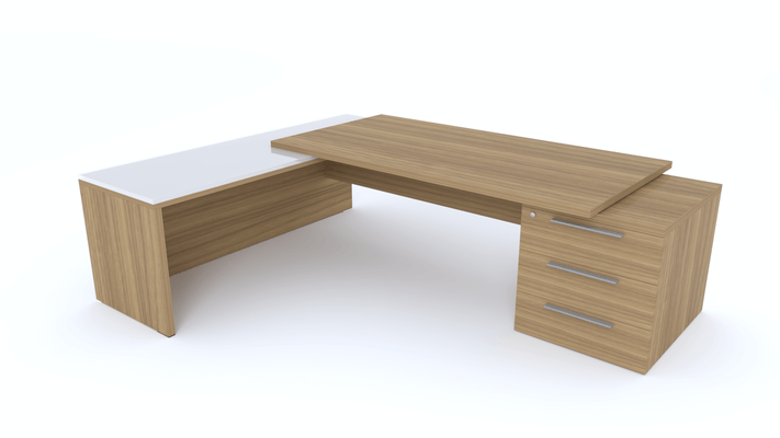 Gamme X5 - Tables de Bureau avec retour - X5- Plan Manager 200x100cm sur caisson XXL 3 tiroirs avec retour mur débordant top verre (encombrement 256x200cm)  -Finitions = Plateau : noyer /Plateau : Verre (VB)/ Caisson: noyer