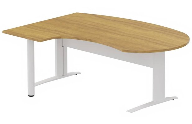 Gamme K1 - Plans compacts - K1 Voile de fond Métal - Plan compact 90° asymétrique Manager 190x141x104/60cm sur pied de soutien - retour à gauche -Finitions : PLATEAUX: NOYER (NO) / PIETEMENTS: BLANC (BL)