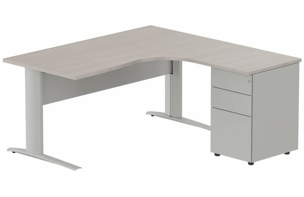 Gamme K1 - Plans compacts - K1 VDF METAL Compact 90° asymétrique 180x162x80/60cm retour à droite avec caisson HB métal 3 tiroirs, plateau acacia, struct