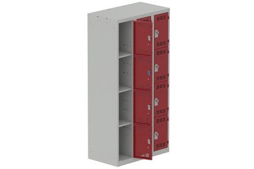 [Pas de famille] - [Pas de sous famille] - Vestiaire multicases 3 colonnes L,30cm 4 cases (fermeture cadenas) H,180xL,90xP,50cm coffre gris clair/portes rouge