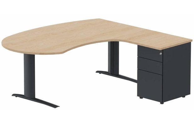Gamme K1 - Plans compacts - K1 POUTRE compact 90° manager 190x141x104x60cm sur caisson HB métal 3 tiroirs, plateau hêtre, structure anthracite