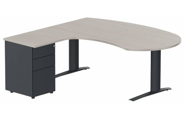 Gamme K1 - Plans compacts - K1 POUTRE compact 90° manager 190x141x104x60cm sur caisson HB métal 3 tiroirs, plateau acacia, structure anthracite