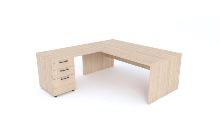 Gamme X5 - Tables de Bureau avec retour - X5- Plan Manager 180x90cm avec retour 100x60cm sur caisson hauteur bureau 3 tiroirs (encombrement 180x190cm) -Finitions = Plateau : Chêne (CE) / Caisson : Chêne (CE) / Piètements : Chêne (CE), poignées noires