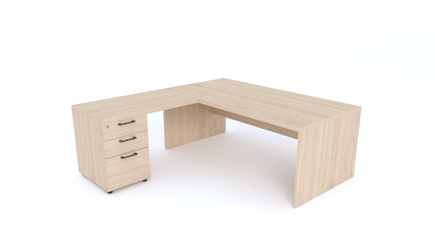 Gamme X5 - Tables de Bureau avec retour - X5- Plan Manager 180x90cm avec retour 100x60cm sur caisson hauteur bureau 3 tiroirs (encombrement 180x190cm) -Finitions = Plateau : Chêne (CE) / Caisson : Chêne (CE) / Piètements : Chêne (CE), poignées noires