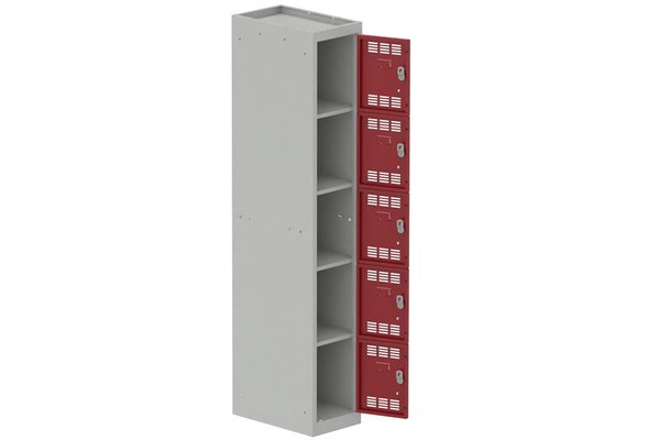 [Pas de famille] - [Pas de sous famille] - Vestiaire multicases 1 colonne L,30cm 5 cases (fermeture cadenas) H,180xL,30xP,50cm coffre gris clair/portes rouge