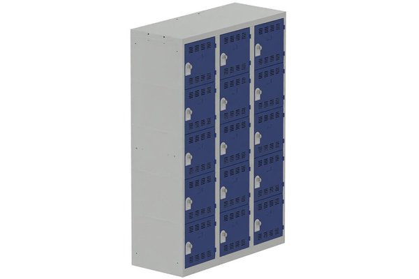 VESTIAIRES MULTICASES - 3 Colonnes - Vestiaire multicases, 3 colonnes L.120cm/15 cases, coffre gris clair/portes bleu foncé
