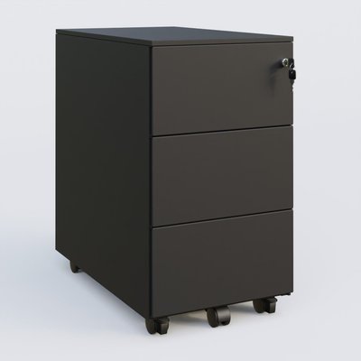CAISSONS  - Hauteur de bureau - Caisson métal slim sur roulettes 3 tiroirs H57xL32xP54cm/ noir grainé