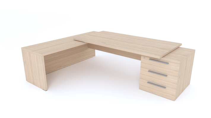 Gamme X5 - Tables de Bureau avec retour - X5- Plan Manager 200x100cm sur caisson XXL 3 tiroirs avec retour mur débordant (encombrement 256x200cm)