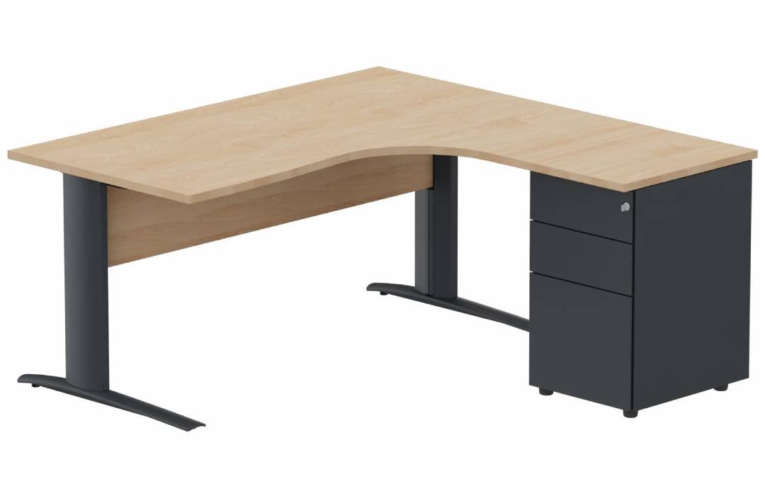 K1 VDF BOIS Compact 90° asymétrique 180x162x80/60cm retour à droite avec caisson HB métal 3 tiroirs hêtre/anthracite