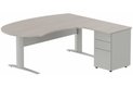 K1 VDF métal compact 90° manager 190x141x104x60cm sur caisson HB métal 3 tiroirs, plateau acacia, structure aluminium