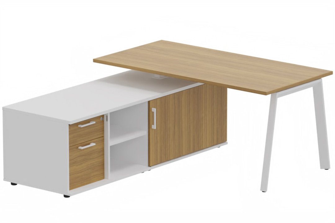 K8 Plan 180x80 avec meuble porteur (L180xP64) avec caisson 2T dont 1 DS intégré - meuble à gauche -Finitions = Plateau et top de finition : noyer /Piétement :Blanc (BL) / Corps du meuble et séparation : blanc /Façade : noyer