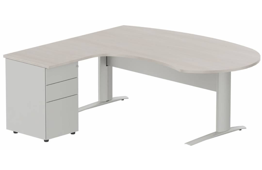 K1 VDF métal compact 90° manager 190x141x104x60cm sur caisson HB métal 3 tiroirs, plateau acacia, structure aluminium