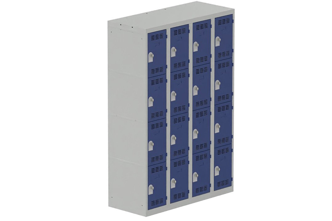 Vestiaire multicases, 4 colonnes L.120cm/16 cases, coffre gris clair/portes bleu foncé