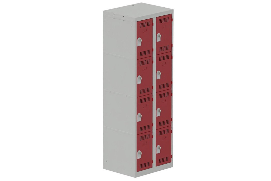 Vestiaire multicases 2 colonnes L,30cm 4 cases (fermeture cadenas) H,180xL,60xP,50cm coffre gris clair/portes rouge