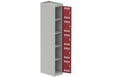 [Pas de famille] - [Pas de sous famille] - Vestiaire multicases 1 colonne L,30cm 5 cases (fermeture cadenas) H,180xL,30xP,50cm coffre gris clair/portes rouge
