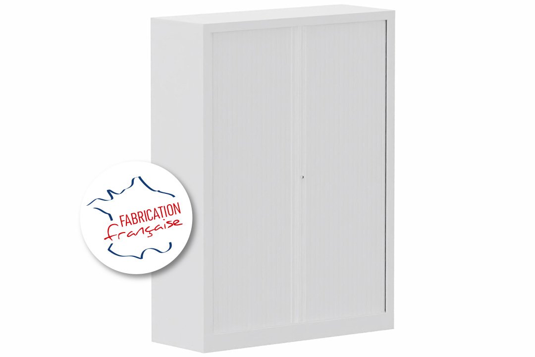 Armoire à rideaux H160xL120cm 3 tablettes coffre blanc/rideaux blanc